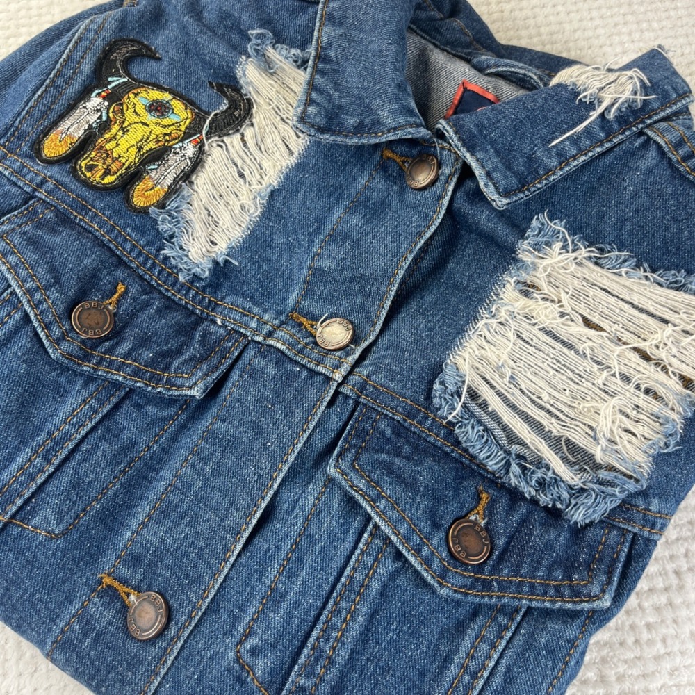 Boom‎ Boom Jeans Distressed Denim Jacket Medium Wash Bull Skull Dream Patch M